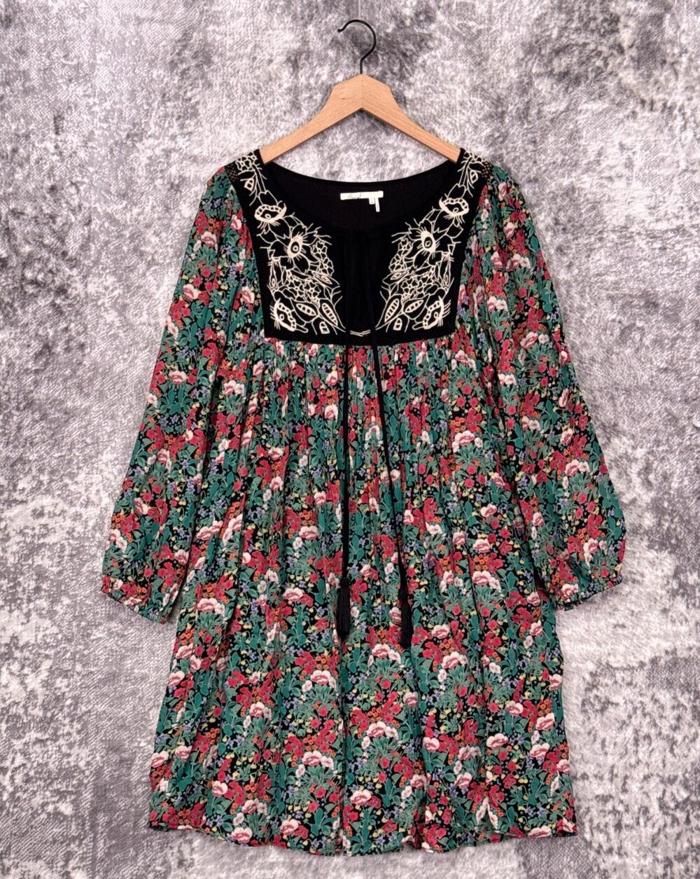 Anthropologie Dress XS Womens Floreat Floral Embroidered Green Tassel